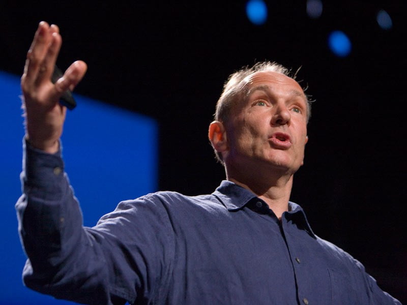 Tim Berners-Lee giving a TED talk.