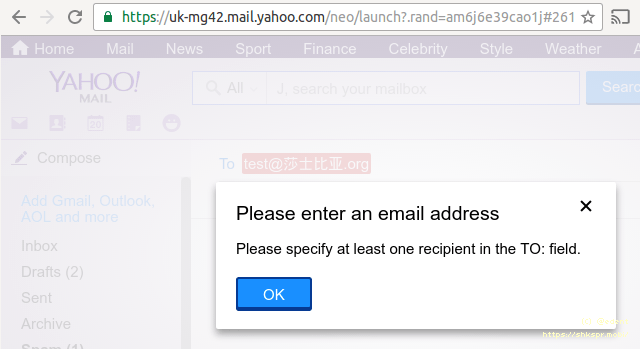 Yahoo unable to send a message to a Chinese email address