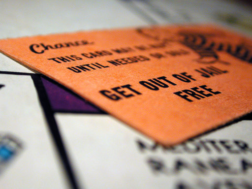 A get out of jail free card from the Monopoly boardgame.