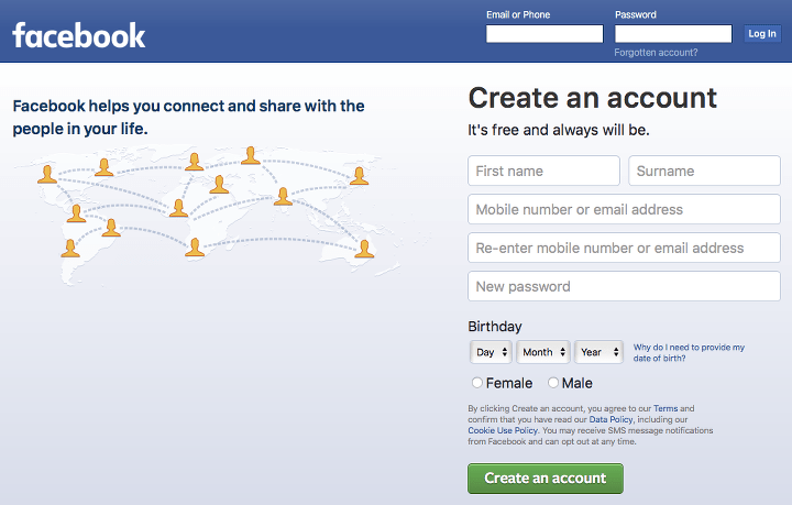 Screenshot of the homepage for Facebook.