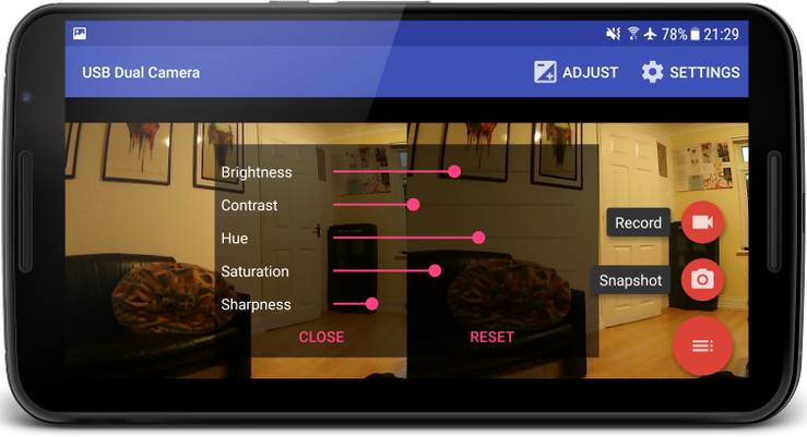 Screenshot of an Android app displaying two cameras and a host of options