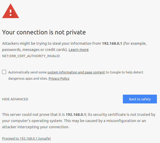 An error message in the browser warning of an unsafe SSL connection