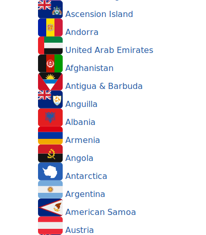 A screenshot of a list of country flags