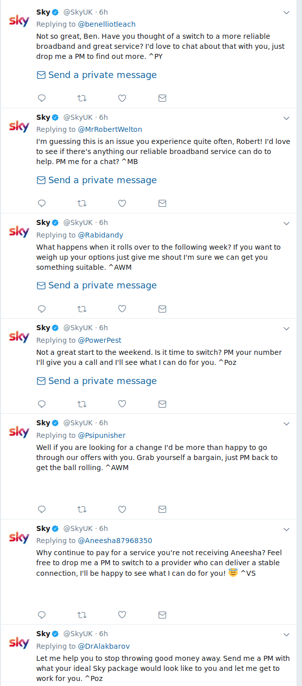 Dozens of Tweets from Sky, pleading for customers.