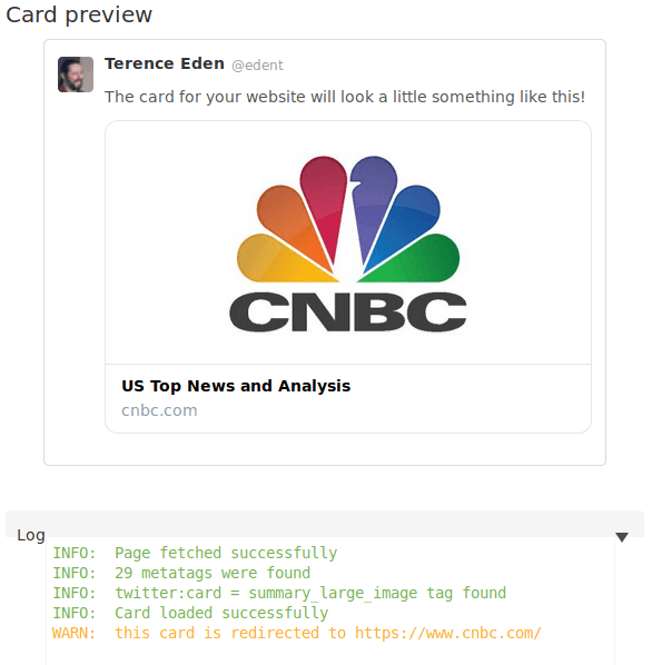 Card validator showing the CNBC logo. At the bottom it says "WARN: this card is redirected to cnbc.com."