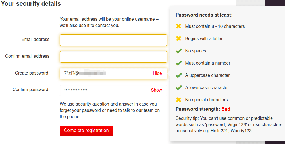 A screen with annoying password requirements.