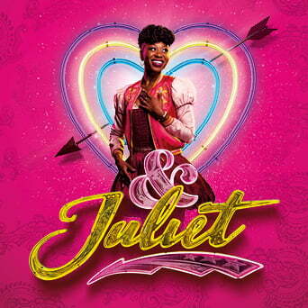 Poster for & Juliet. A Black woman with short hair stands in front of a neon heart pierced with an arrow.