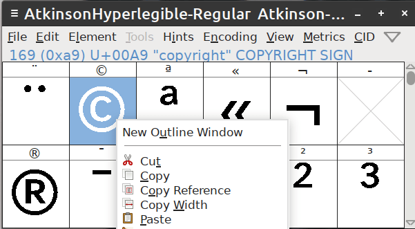 Fontforge with the copyright symbol selected and context menu open.