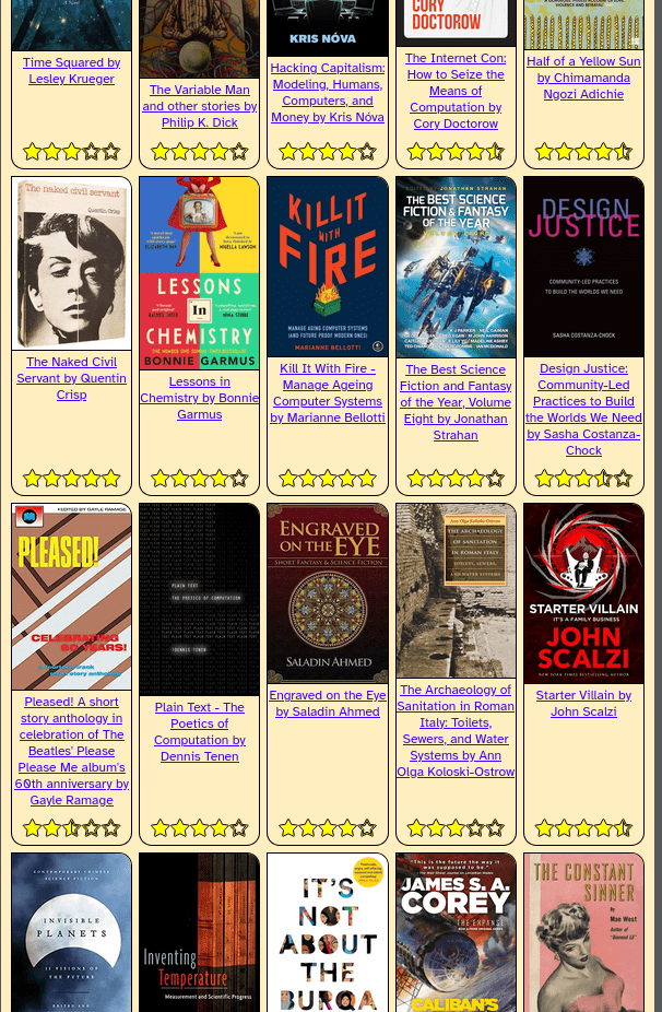 A grid of books with their titles and star ratings.