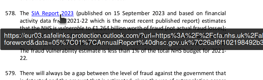 Screenshot showing a document. The cursor hovers over a link. The pop up shows a safelinks URl.
