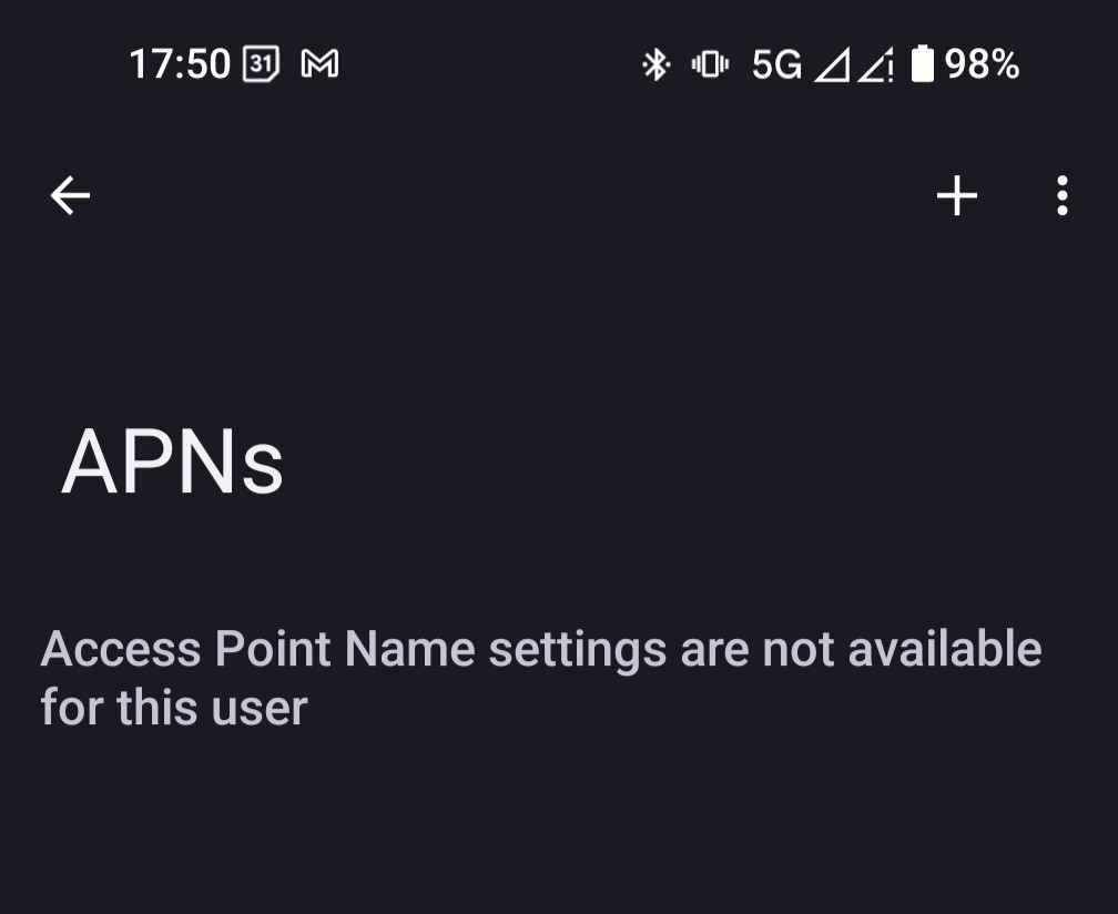 Access Point Name settings are not available for this user.