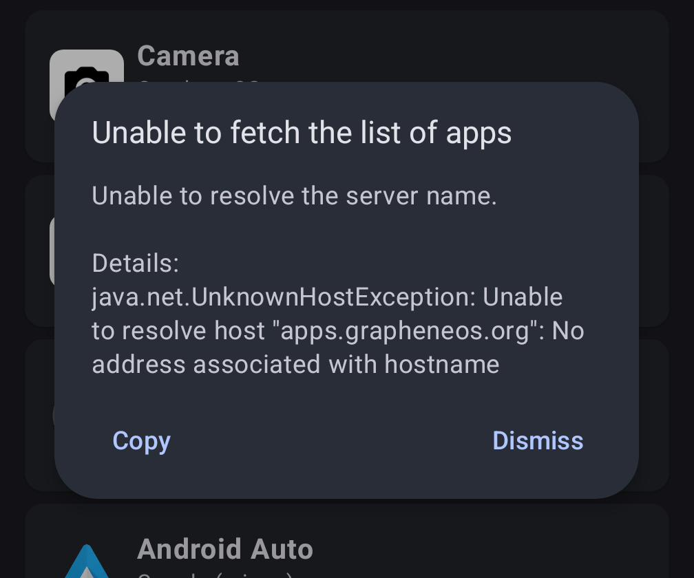 Pop up saying it was unable to fetch a list of apps.