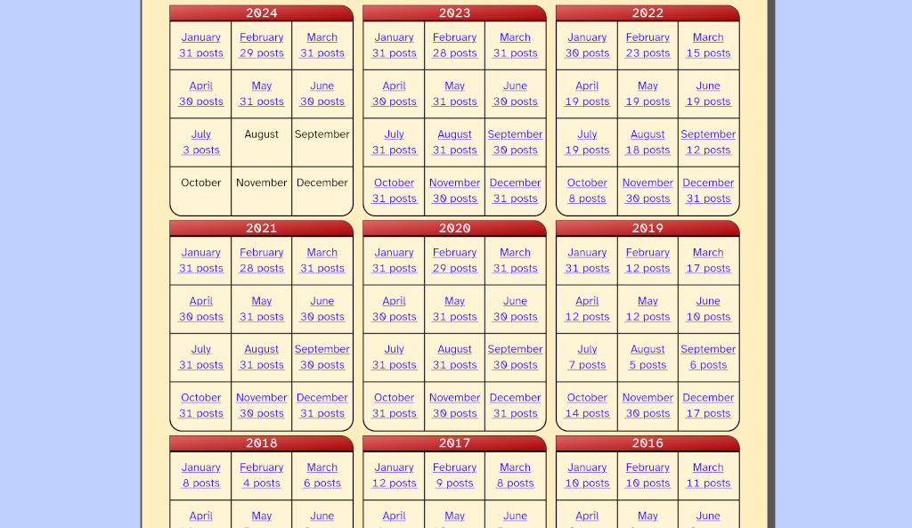 Screenshot of a calendar of my daily blogging.