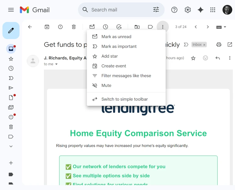 Web version of Gmail. The first overflow menu has no report spam option.