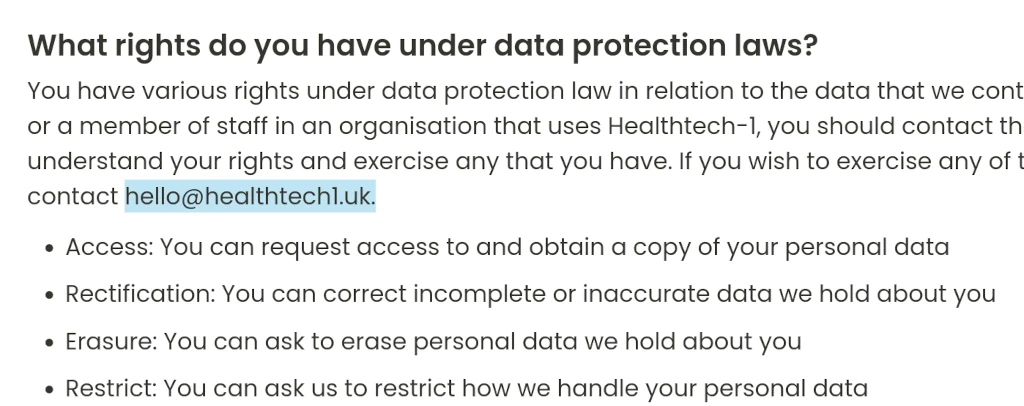 Screenshot of terms and conditions with an hello email address.
